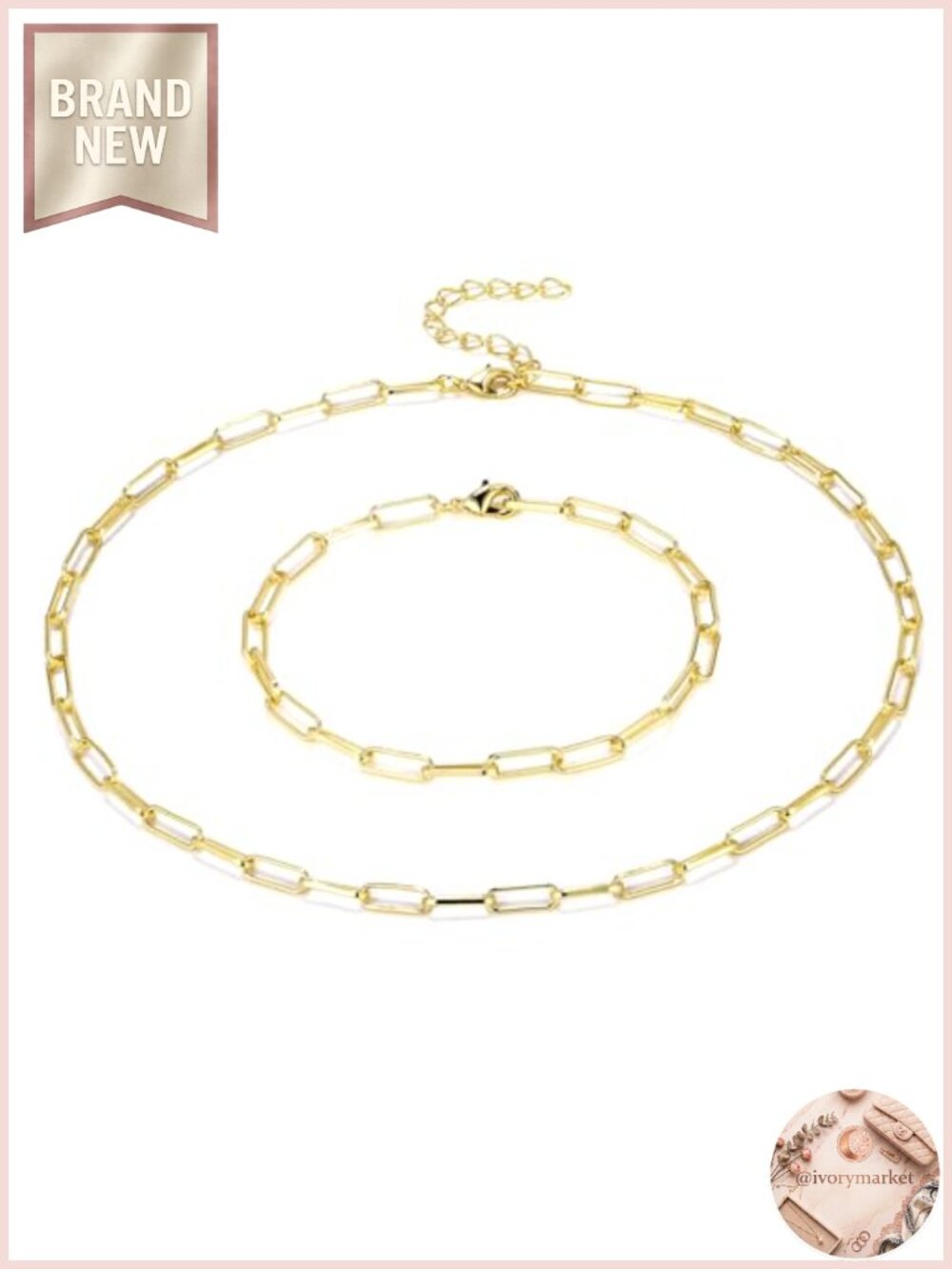 14K Gold Plated Paperclip Link Chain Necklace and Bracelet Set Women Dainty